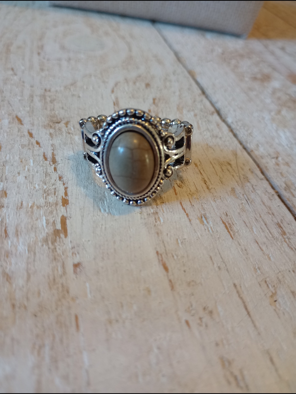 Vintage-Inspired Silver Tone Ring with Olive  Stone - Women Jewelry
